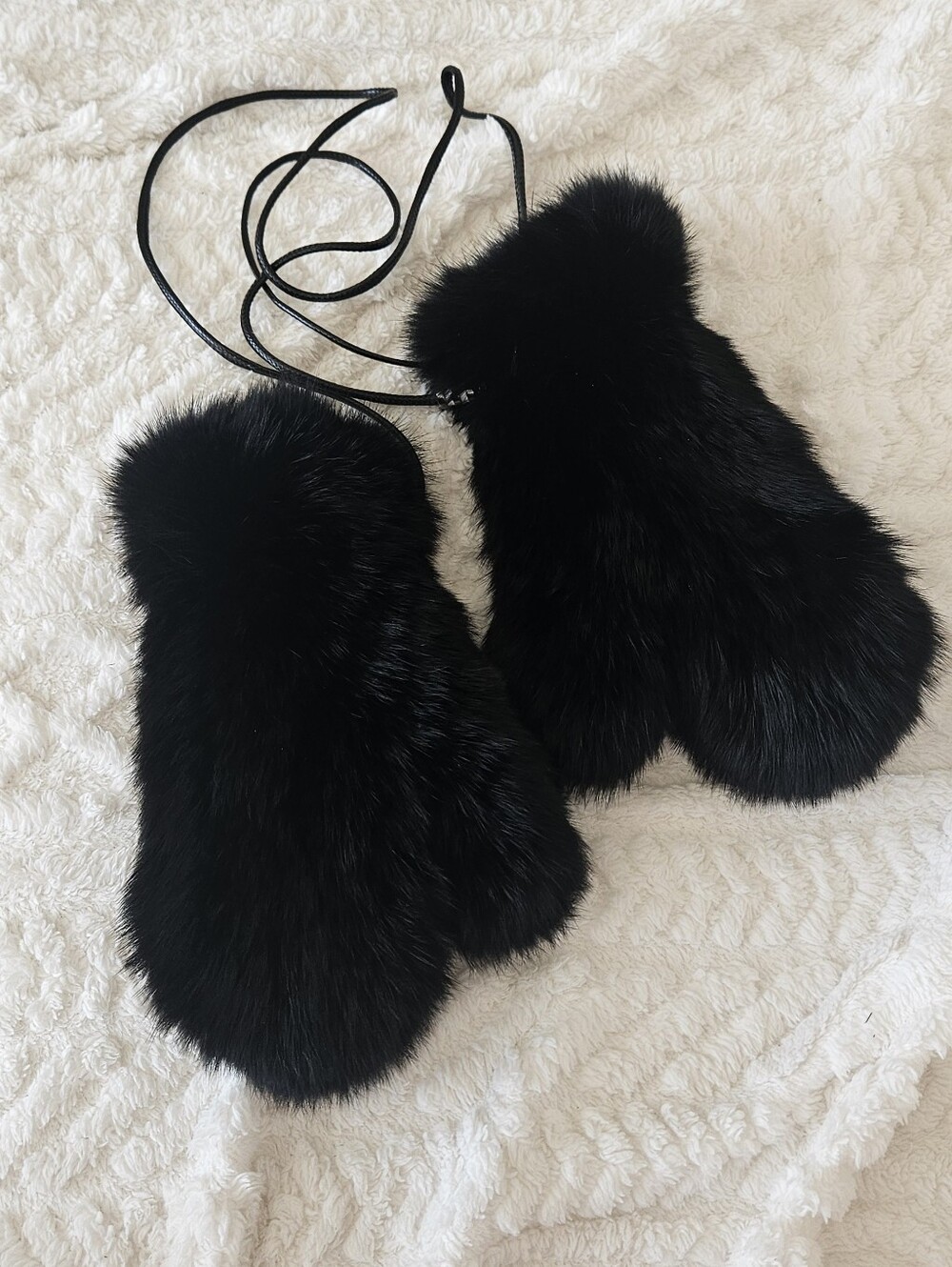 Real Rabbit Fur Gloves Plush Black Full Fur Mittens OS Detachable Cord
